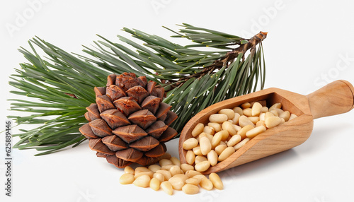 peeled cedar nuts in wooden scoop and branch with pine cone isolated on white background