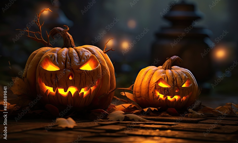 Fototapeta premium Halloween pumpkin head jack lantern with burning candles