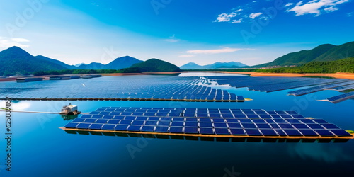 floating solar farm on a serene lake, harnessing solar energy while minimizing land use. Generative Ai