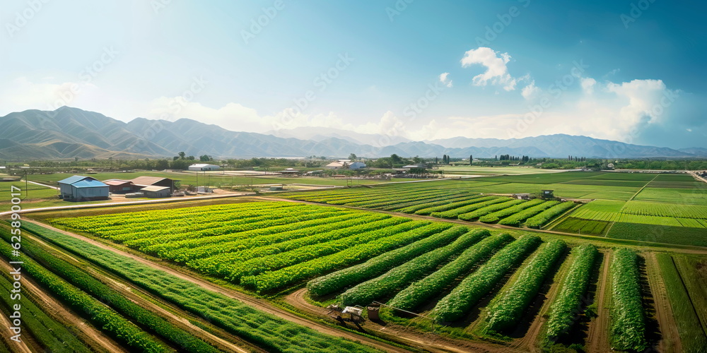 sprawling agricultural farm with fields of crops, tractors, and machinery involved in food production for a growing population.Generative AI - obrazy, fototapety, plakaty 