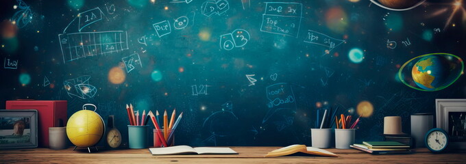 back to school theme, featuring a chalkboard background adorned with educational icons and symbols. Generative Ai