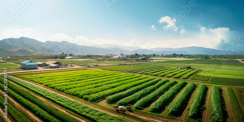 Fotografia sprawling agricultural farm with fields of crops, tractors, and machinery involved in food production for a growing population
