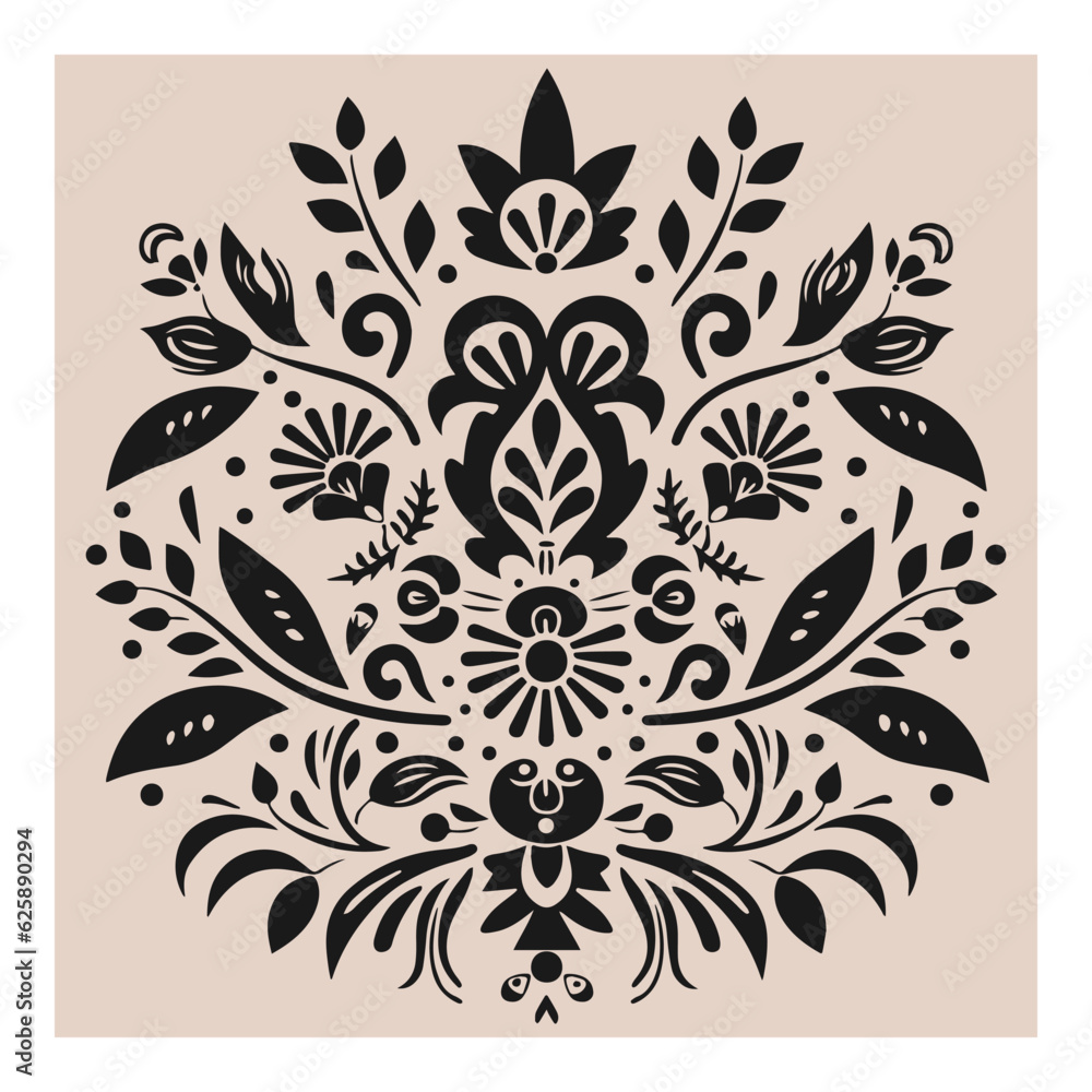 Black and beige boho symmetrical ornament with flowers. Scandinavian folk art. Ethnic botanical vector illustration. Floral silhouette composition. Black and beige boho symmetrical ornament with flowers. Scandinavian folk art. Ethnic botanical vector illustration. Floral silhouette composition.