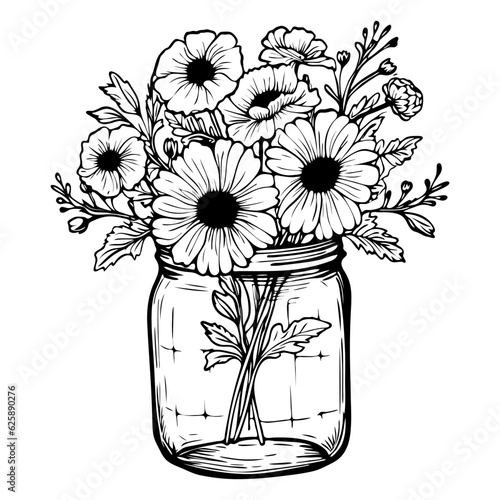 Black outline flowers bouquet in the mason jar, botanical vector illustration. Summer floral line art drawing.