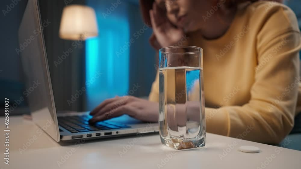 A glass of water next to a pill on the table close up. In the background, a woman working on a laptop suffers from a headache. A woman puts an effervescent tablet into a glass and drinks the medicine. A glass of water next to a pill on the table close up. In the background, a woman working on a laptop suffers from a headache. A woman puts an effervescent tablet into a glass and drinks the medicine.