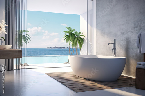 Modern minimal outdoor bathroom terrace with beige cozy tone style and sea view outside, decorate with wooden decor, bathtub, sink, towels, and brown tone background, with Generative Ai. © TANATPON