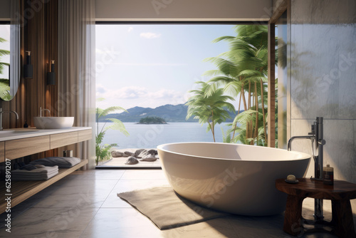 Modern minimal outdoor bathroom terrace with beige cozy tone style and sea view outside, decorate with wooden decor, bathtub, sink, towels, and brown tone background, with Generative Ai.