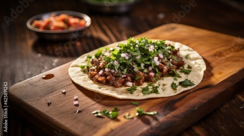 birria tacos with melting cheese, chopped onions and cilantro on a rustic wooden table