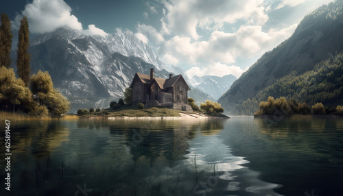 a house is in the middle of the lake in the mountains,lake bled,lake in the mountains