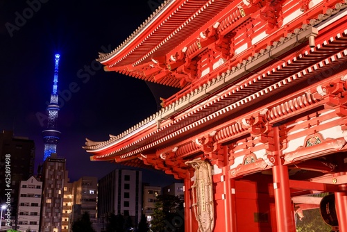東京 浅草寺の夜景（宝蔵門と東京スカイツリー）