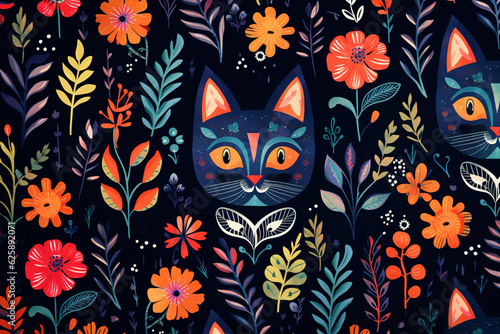 Pattern design using cat head and flowers and leaves. Pet. Animals. Illustration, Generative AI.