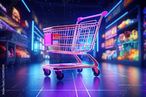 Shopping cart with neon colorful  can be viewed in modern stores with copy space