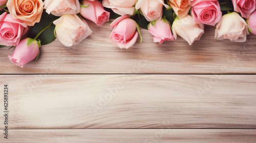 春をテーマにした薔薇と木の板の背景素材