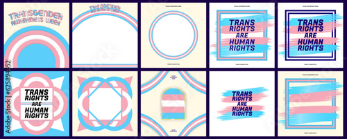 Set of Transgender Awareness Week Greeting Cards, Social Media post template, and motivational artworks. Trans rights are human rights. Trans pride colors. Editable Vector Illustration.