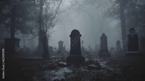 墓地の不気味な墓石のクローズアップ、霧に包まれ、雨が降る、 Generative AI 