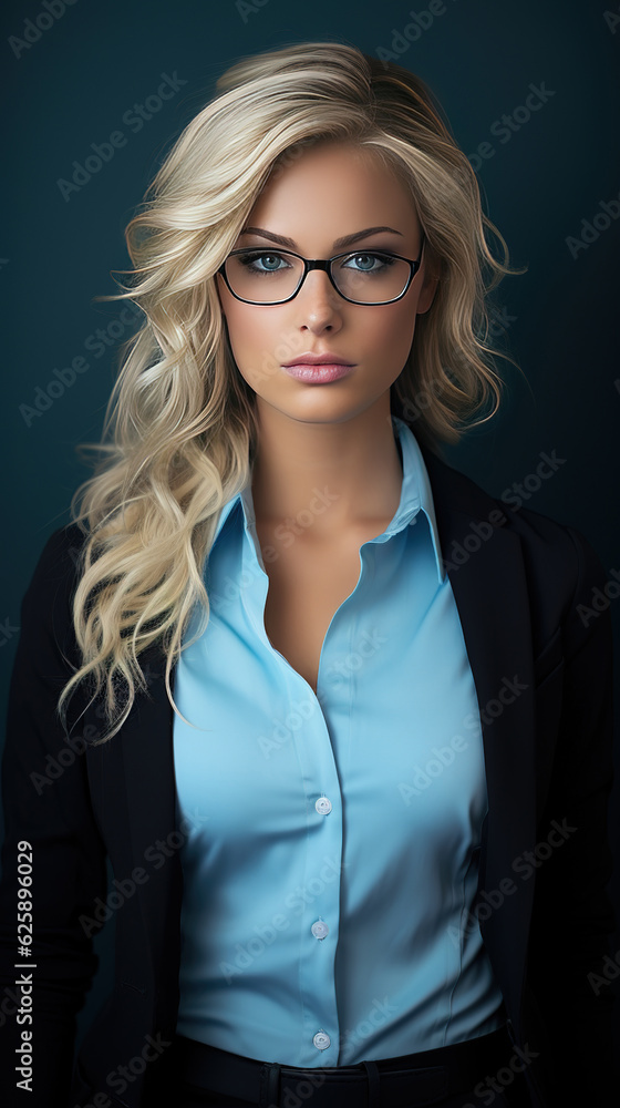 Portrait of a beautiful young businesswoman with long curly blond hair wearing fashion shirt and glasses. Portrait of a beautiful young businesswoman with long curly blond hair wearing fashion shirt and glasses.