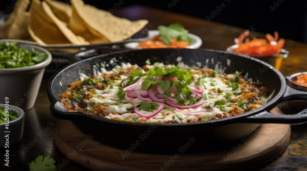 Queso Fundido, showcasing the bubbling cheese, finely chopped ingredients and rustic cast iron skillet Queso Fundido, showcasing the bubbling cheese, finely chopped ingredients and rustic cast iron skillet
