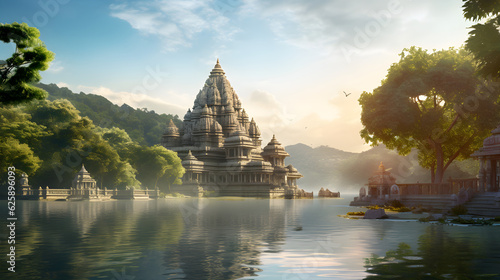 Indian temple on wide river trace 