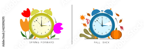 The clock on the background of different seasons. The hand of the clocks turning to winter or summer time.