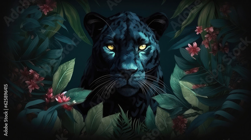 Portrait of a panther between the big leafes of some exotic plants. Generative AI. © Markus