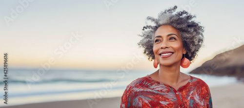 Ai generated image of black mature female on the beach photo