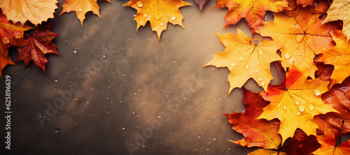 Autumn composition of frame made of autumn dried leaves on brown background. Flat lay, top view, copy space.