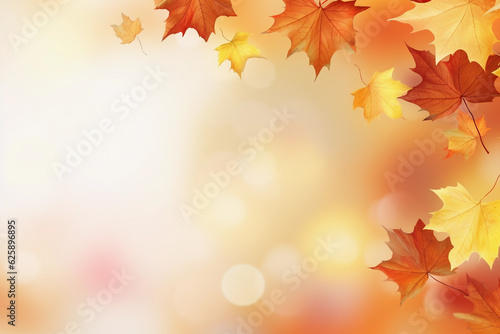 Beautiful autumn abstract background with yellow leaves and sunshine  bokeh and glow. Falling leaves natural background. Generative AI technology
