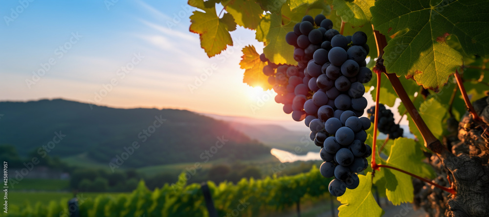 Black grape on vineyards background, winery at sunset, panoramic view banner. Generative AI