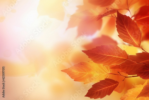 Beautiful autumn abstract background with yellow leaves and sunshine, bokeh and glow. Falling leaves natural background. Generative AI technology