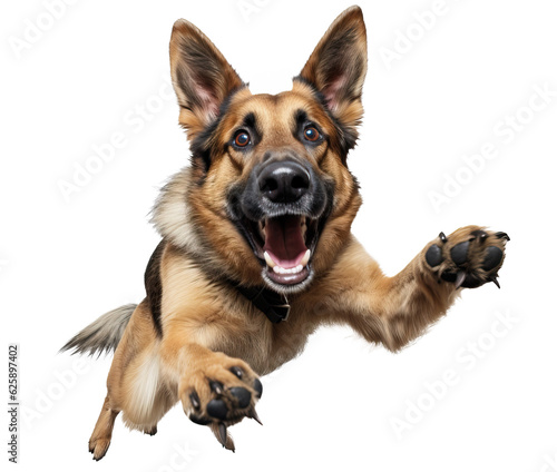 Obraz na plátně Cute happy playful german shepherd dog jumping in air, playing and smiling isola