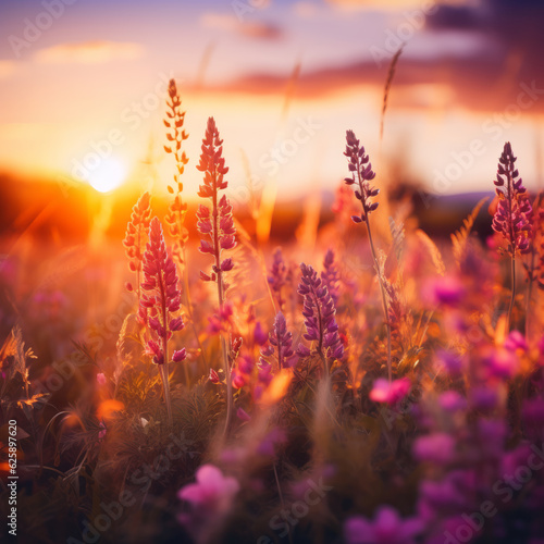 Field of wildflowers on a sunset, Illustration, Generative AI