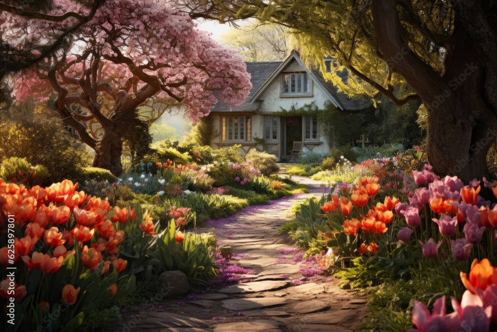 Fototapeta premium Idyllic Countryside Cottage Surrounded by Blooming Gardens, Generative AI