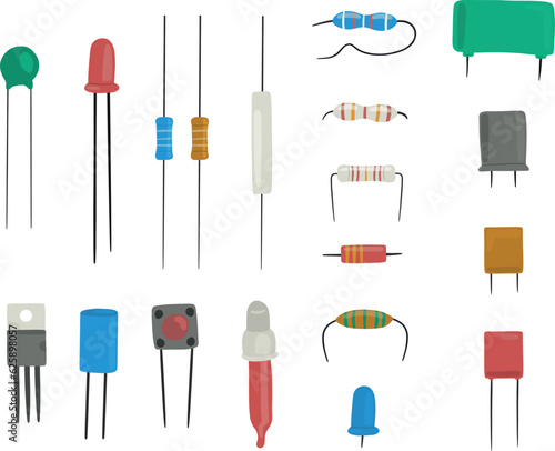 Flat icon set featuring basic electrical components. Includes resistor, inductor, relay, and transistor