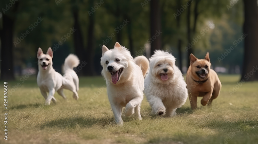 Group of small dogs running over a green meadow in a park. Generative AI. Group of small dogs running over a green meadow in a park. Generative AI.
