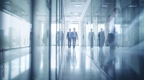 Businesspeople walking along a hall in an office building. Generative AI.