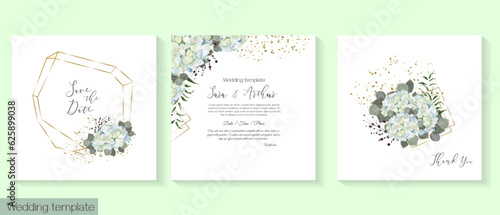 Vector set of floral invitations for a celebration. White blue hydrangea, golden elements, eucalyptus, plants and berries. Vector illustration