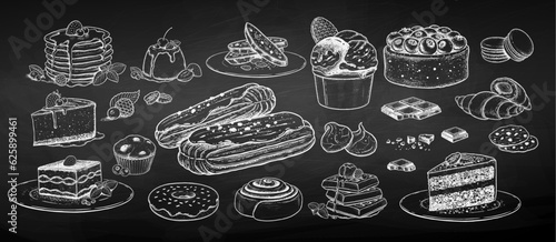 Chalk sketh vector illustration set of desserts and bakery on chalkboard background