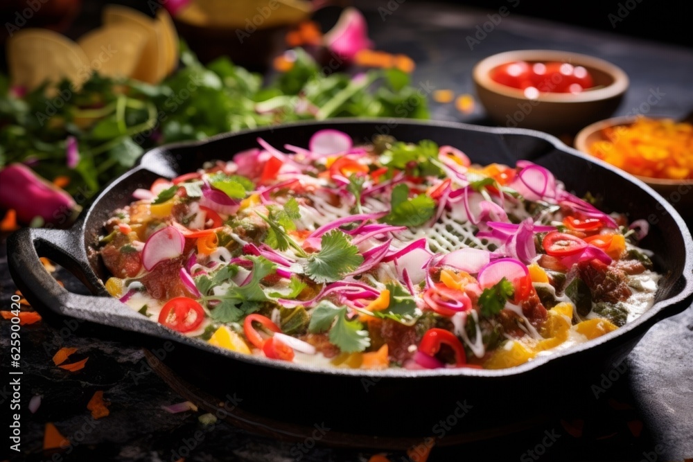 Queso Fundido, focusing on the melted, creamy texture against a backdrop of colorful garnishes Queso Fundido, focusing on the melted, creamy texture against a backdrop of colorful garnishes