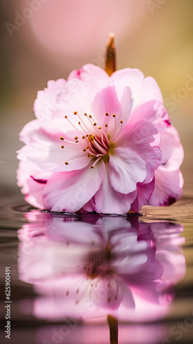 a pink flower is reflected in the water ,pink cherry blossom on the water,pink flower and drops,pink cherry blossom in spring