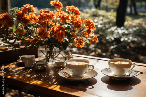 Two cups and autumn decor with flowers, sunny day. Generative AI