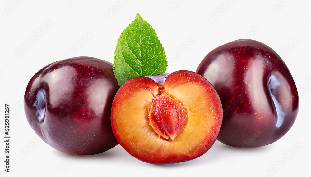 Obraz premium Juicy red Plum fruits with cut in half and green leaf isolated on white background.