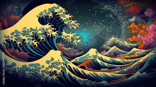Colorful Japanese Wave Ukiyo-e Painting,A psychedelic fractal landscape,abstract watercolor background with painting
