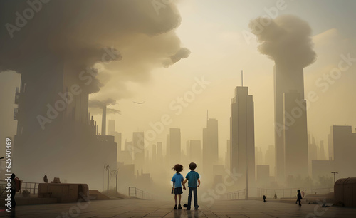 Children of the Haze: Navigating a City Enveloped in Dusty Fog. A Powerful Illustration of the Environmental Pollution Concept, Emphasizing the Impact on Our Future Generations