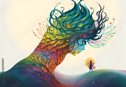 Mindscapes Unveiled: Colorful Vivid Background Portraying Auditory Hallucinations. An Artistic Illustration of Mental Health Concept, Shining Light on Inner Realities photo