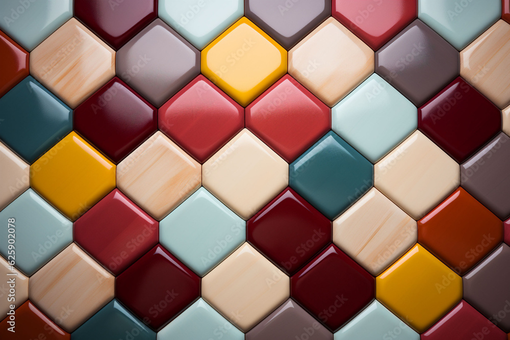 Rhombus mosaic tile pattern in pink, yellow, red, light blue and beige colours. Tiles for the bathroom wall or kitchen. Generative AI. Copy space. Rhombus mosaic tile pattern in pink, yellow, red, light blue and beige colours. Tiles for the bathroom wall or kitchen. Generative AI. Copy space.