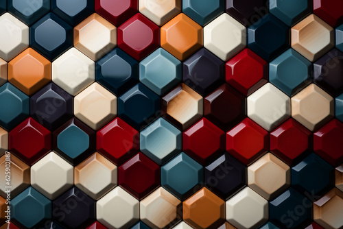 Mosaic tile pattern in red  blue and beige colours. Tiles for the bathroom wall or kitchen. Generative AI. Copy space.