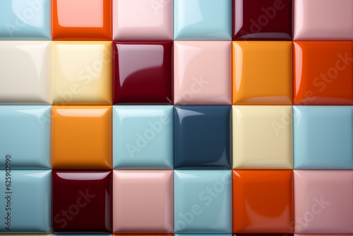 Mosaic tile pattern in pink, yellow, red, light blue and beige colours. Tiles for the bathroom wall or kitchen. Generative AI. Copy space.