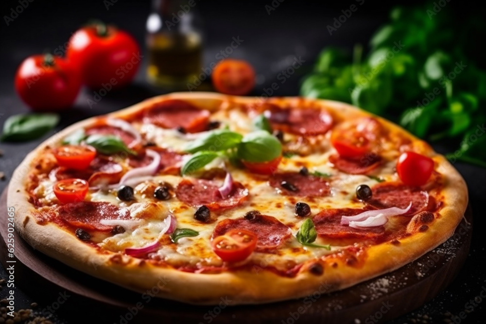 background pizza black copy fast space top view meal cheese food food italian tomato. Generative AI.