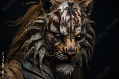 A lion-faced monster full of blood, scars and scratches.