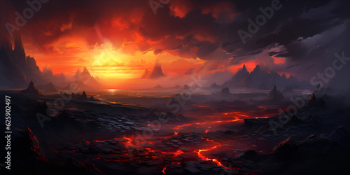 Papier peint Mordor landscape with fiery sky and dark smoke columns in the background